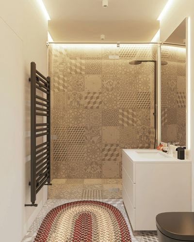Super Area Rugs Hartford Braided Rug Made in USA, Spanish Red,3' X 5' Oval in White Tiled Bathroom