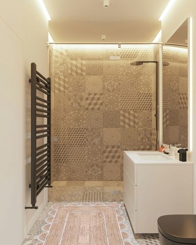 Chouhan Rugs Area Rug Natural Jute Hand Braided Rug White Scalloped Runner in White Tiled Bathroom