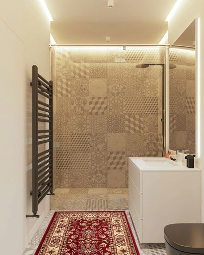 Unique Loom Sialk Hill Collection Area Rug - Washington (3' 3" x 5' 3" Rectangle Burgundy/Cream) in White Tiled Bathroom