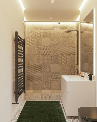 nuLOOM 3' x 5' SuperiorWash Indoor Area Rug, 100% Recycled PET, Machine Washable, Oeko-TEX Certified, Medium Pile, Pet-Friendly, Kailani Geometric Green in White Tiled Bathroom