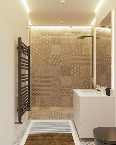 nuLOOM Fringed Performance Indoor Area Rug, Power Loomed, Easy Clean, Durable, Non-Shed, 3' x 5', Keeva Beige in White Tiled Bathroom