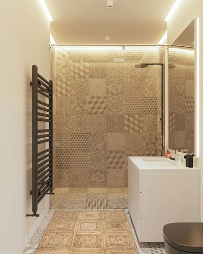 Rugs USA x Lauren Liess Juniper Tiled Jute Area Rug, 3x5, Natural in White Tiled Bathroom