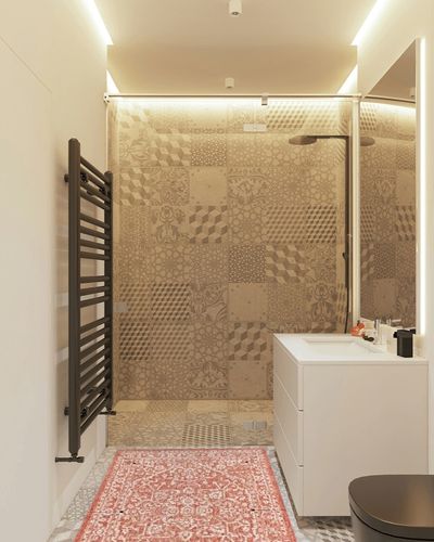JONATHAN Y SMB104A-3 Malta Bohemian Medallion Textured Weave Indoor Outdoor -Area Rug, Coastal, Traditional, Transitional Easy-Cleaning,Bedroom,Kitchen,Backyard,Patio,Non Shedding, Red/Taupe, 3 X 5 in White Tiled Bathroom