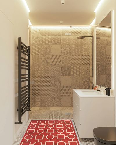 SAFAVIEH Courtyard Collection 2'7" x 5' Red/Bone CY6925 Indoor/ Outdoor Waterproof Easy Cleaning Patio Backyard Mudroom Area Rug in White Tiled Bathroom
