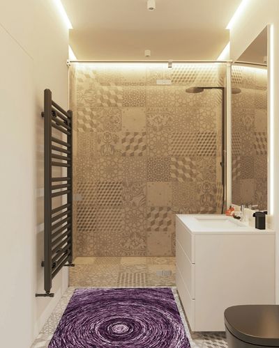 SAFAVIEH Ikat Collection Accent Rug - 3' x 5', Purple, Handmade Wool, Ideal for High Traffic Areas in Entryway, Living Room, Bedroom (IKT633P) in White Tiled Bathroom