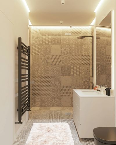 Shag Collection 2'6" x 4' Ivory in White Tiled Bathroom