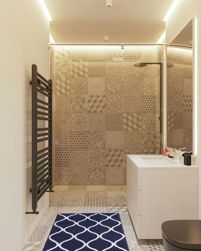 Navy Blue/White Contemporary Fade Resistant, Stain-Resistant Kitchen, Bathroom, Bedroom, Hallway Throw Rug in White Tiled Bathroom