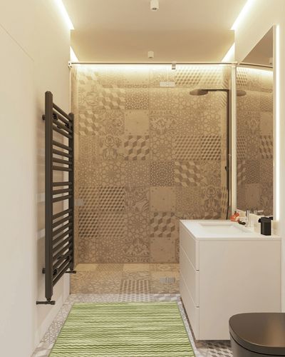 Flechia Chevron Tufted Green Area Rug Ebern Designs Rug Size: Rectangle 2'6" x 3'10" in White Tiled Bathroom