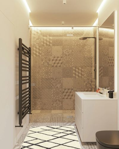 Mainstays Diamond Plush Contemporary Cream Shag Area Rug, 2'6"x3'10" in White Tiled Bathroom