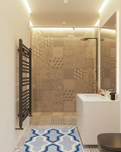 SAFAVIEH Dhurries Collection 2'6" x 4' Light Blue / Dark Blue DHU559B Handmade Flatweave Premium Wool Accent Rug in White Tiled Bathroom