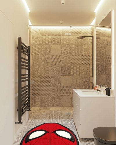 Marvel Spider-Man Mask Printed Area Rug | Indoor Floor Mat, Accent Rugs For Living Room and Bedroom, Home Decor For Kids Playroom | Comic Book Gifts And Collectibles | 52 x 35 Inches in White Tiled Bathroom