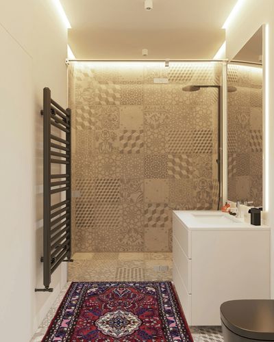New Farsian Pure Wool Hand Knotted Bohemian Rug in White Tiled Bathroom