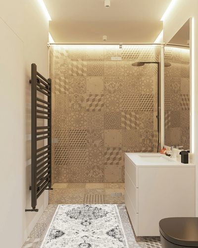 Odelia Vintage Bohemian Area Rug in White Tiled Bathroom