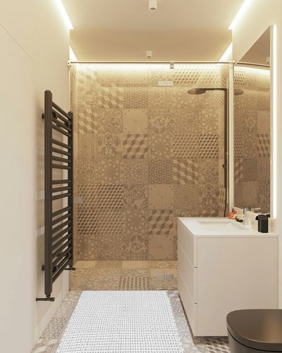 Anjanie Bath Rug Gracie Oaks Color: White in White Tiled Bathroom