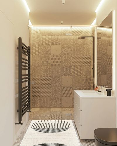 Artistic Weavers Penrod Modern Geometric Runner Area Rug,2'7" x 7'3",Black/Ivory in White Tiled Bathroom