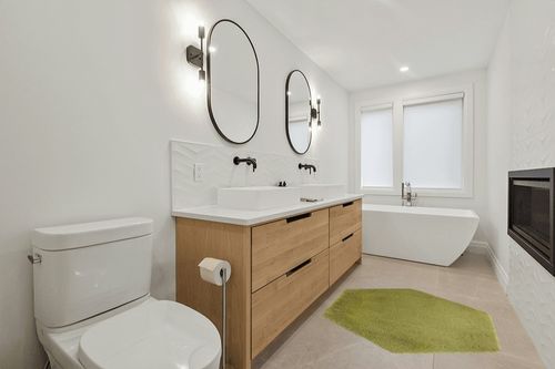 4.6 ft, Green fluffy rug in Scandinavian Neutral bathroom