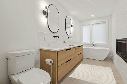 LUXE WEAVERS Modern Geometric Cream 4x5 Area Rug, High Low Texture Carpet in Scandinavian Neutral bathroom