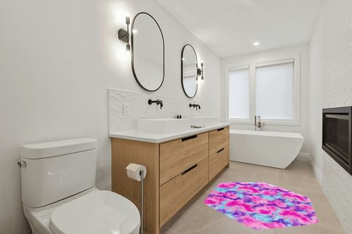 junovo Ultra Soft Hexagon Rug Fluffy Rainbow Nursery Rug for Princess Tent Kids Play Castle, Furry Hexagonal Carpet for Kids Girls Room Playhouse Classroom Dorm Home Decor, 4.6ft Tie-Dye Hot-Pink in Scandinavian Neutral bathroom