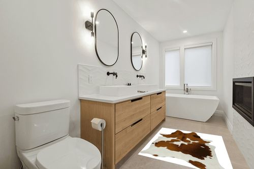 Brown & White Cowhide Area Rug Natural Premium Quality Cow Skin Hair On Leather Rug for Bedroom Décor 5ft x 4ft (60Inch x 48Inch, 152.4CM x 121.92CM) Medium in Scandinavian Neutral bathroom