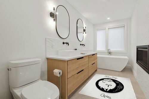 Ambesonne Zodiac Aries Area Rug, Big Black Dot with Fluffy Ram and Tribal Motifs Funny Design, Flat Woven Accent Rug for Living Room Bedroom Dining Room, 4' X 5' 7", Black and White in Scandinavian Neutral bathroom