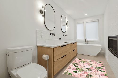Modern Floral Realistic Indoor Outdoor Area Rug 4x6 Pink Green Flowers Rug for Balcony Deck Patio Backyard Non Slip Waterproof Stain Shedding Resistant Carpet Throw Mat in Scandinavian Neutral bathroom