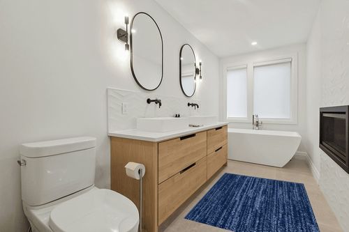 Nourison Essentials Indoor/Outdoor Navy Blue 4' x 6' Area Rug, Easy Cleaning, Non Shedding, Bed Room, Living Room, Dining Room, Backyard, Deck, Patio (4x6) in Scandinavian Neutral bathroom