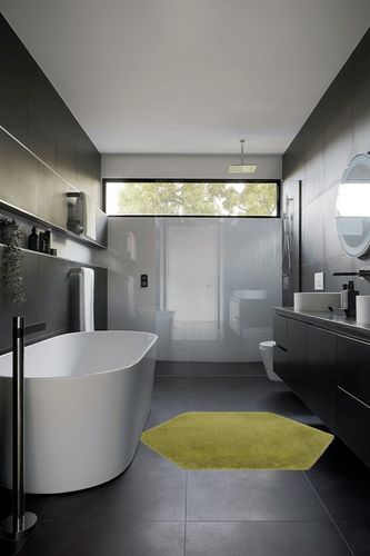 4.6 ft, Green fluffy rug in Black Modern Bathroom