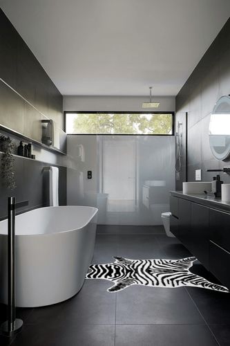 nuLOOM Jayla Machine Washable Zebra Faux Cowhide Accent Rug, 3' 10" x 5', Black and White in Black Modern Bathroom