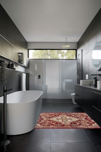 Deneen Farmhouse Traditional Red Area Rug Bungalow Rose Rug Size: Rectangle 4' x 6' in Black Modern Bathroom