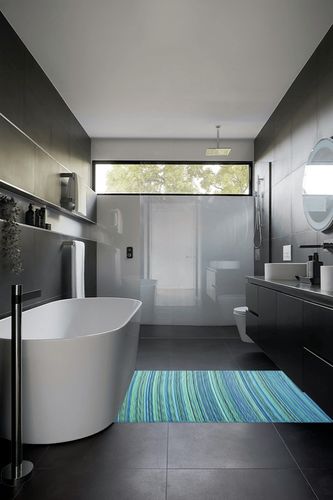 Fab Habitat Outdoor Rug - Waterproof, Fade Resistant, Crease-Free - Premium Recycled Plastic - Striped - Patio, Deck, Porch, Balcony, Laundry Room - Cancun - Turquoise & Moss Green - 4 x 6 ft in Black Modern Bathroom