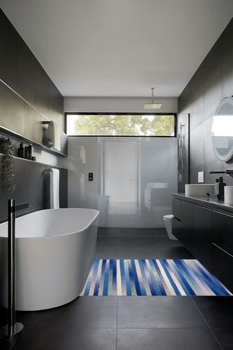 HomeRoots 4' X 6' Blue and White Striped Dhurrie Area Rug in Black Modern Bathroom
