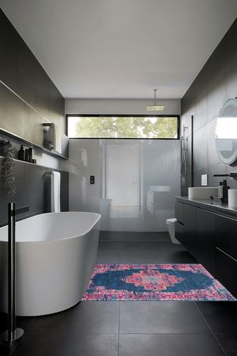 HomeRoots 4' X 6' Blue Power Loom Area Rug in Black Modern Bathroom