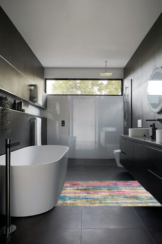 HomeRoots 4' X 6' Pink and Blue Abstract Power Loom Area Rug in Black Modern Bathroom
