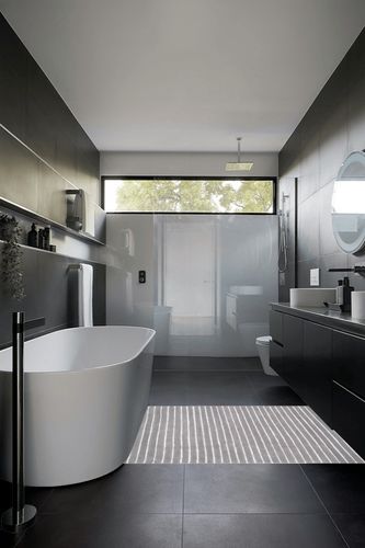 Rugs USA x Arvin Olano Mandia Striped Wool Area Rug, 4' x 6', Grey in Black Modern Bathroom