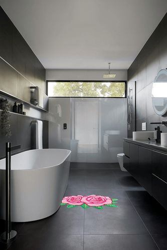 Pink Rose Bathroom Rugs Cute Flower Shaped Bath Mat Green Leaf Decor Bath Rug Non Slip Floor Door Carpet Microfiber Bathmat Absorbent Washable Bathtub Mats for Shower Tub for Bathroom 25.6" x 25.6'' in Black Modern Bathroom