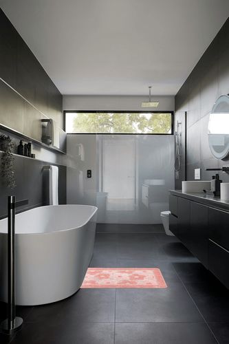 WREWING Flower Rug Bath Mat, Cute Soft Thickened Microfiber Cherry Blossom Floor Mat, Water Absorbent Non Slip Bathroom Rug for Entrance Bedroom Kitchen Bathroom Toilet 20 x 31 Inches (Pink) in Black Modern Bathroom