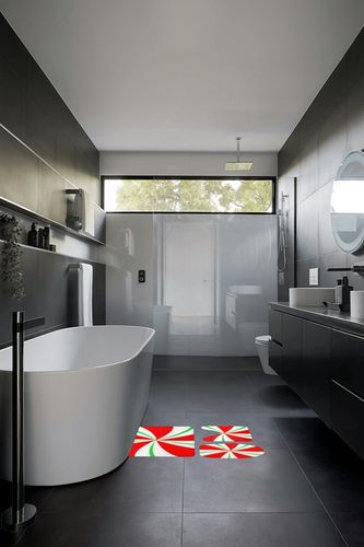 Bathroom Rugs Set 3 Piece Red and Green Candy Christmas Bath Rug Mat Set, Non Slip Absorbent Bathroom Decor Mat, Toilet Lid Cover & U Shaped Contour Rug in Black Modern Bathroom