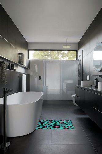 spefrowx Kids Turqoise Cheetah Print Bathroom Mats Black Pink Leopard Print Bath Carpets, Woodland Jungle Wildlife Floor Mats Cheetah Fur Bathroom Rugs, Wild Safari Animal Non Slip Shower Rugs Fluffy in Black Modern Bathroom
