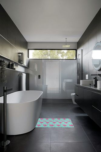 Pink Flamingos Bathroom Rugs Fluffy Absorbent Bath Mat Machine Washable Soft Microfiber Shaggy Kitchen Mat Non Slip Carpet Runner for Shower Floor Layered Front Door Mats Porch in Black Modern Bathroom