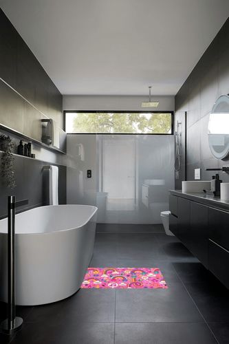 Cute Pink Rainbows Clouds Bathroom Rugs Fluffy Absorbent Bath Mat Machine Washable Soft Microfiber Shaggy Kitchen Mat Non Slip Carpet Runner for Shower Floor Layered Front Door Mats Porch in Black Modern Bathroom