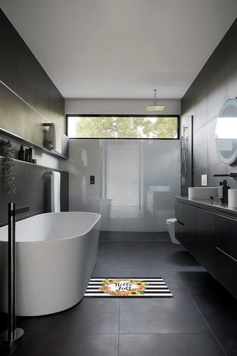 Watercolor Sunflowers Pumpkins Plush Shag Bath Rugs Thanksgiving Wreath Soft Fluffy Floor Doormat Carpet,Non-Slip Door Mats for Living Room Bedroom Kitchen Entryway Black White Stripe in Black Modern Bathroom