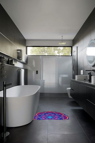 Boho Colorful Blue Flower Half Round Bath Rug Mat (2 PCS),Diatomaceous Earth Quick Dry Non Slip Absorbent Thin Bathroom Rugs,Bohemian Shower Carpet,30''x20'' (d3) in Black Modern Bathroom