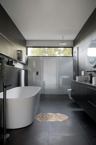 Bloomingville Grey & Off White Dip Dye Tibetan Lamb Fur Rug in Black Modern Bathroom