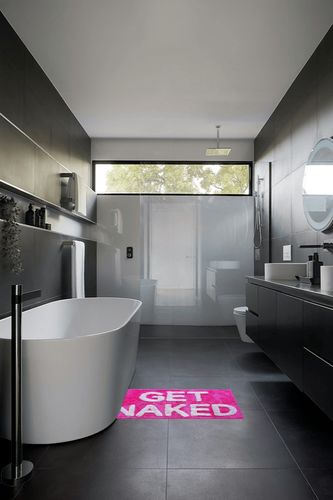 Evovee Get Naked Bath Mat Hot Pink with Light Pink Text Funny Cute Bathroom Rugs Magenta Peach Dark Pink Rug Shower Funny Bathroom Decor for Girls Women Fun Cute Non-Slip College Apartment in Black Modern Bathroom