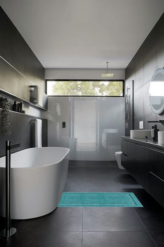 mDesign Microfiber Soft Polyester Bathroom Rugs for Indoor Bath, Tub, Shower Floor Water Absorbent, Machine Washable, Non-Slip Rectangular Bath Carpets Mats, Hydra Collection, 3 Pieces - Teal Blue in Black Modern Bathroom