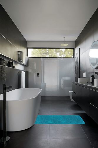 mDesign Non-Slip Microfiber Polyester Rectangular Spa Mat/Bath Rug, Plush Water Absorbent Accent Rug for Bathroom Vanity, Bathtub/Shower, Machine Washable, 60" x 21", Heathered Deep Teal Blue in Black Modern Bathroom