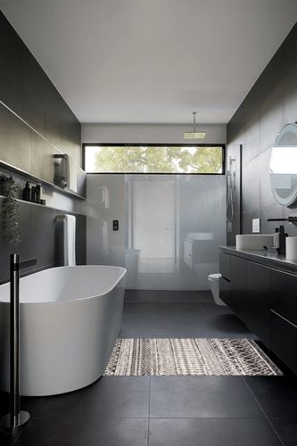 Chester Boho Moroccan Area Rug in Black Modern Bathroom