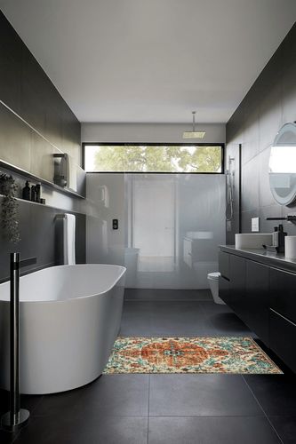 Boho Bathroom Rug,Non-Slip Distressed Entry Accent Ma in Black Modern Bathroom