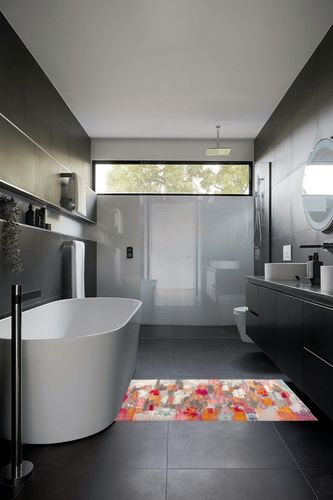 Contemporary POP Modern Abstract Brushstroke Cream/Pink 3 ft. x 5 ft. in Black Modern Bathroom