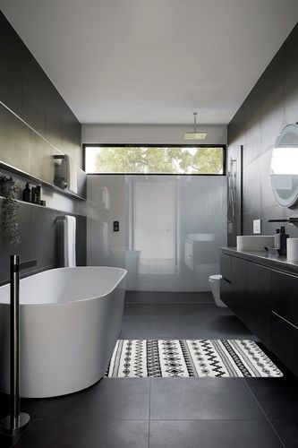 Lahome Boho Geometric Washable Area Rug in Black Modern Bathroom
